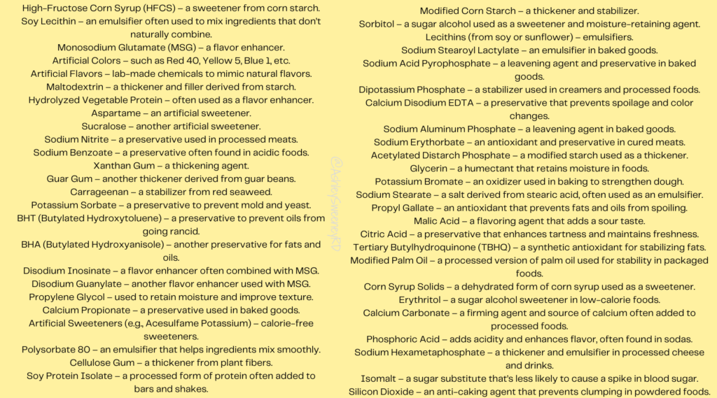 a list of ultra processed ingredients and what they are used for